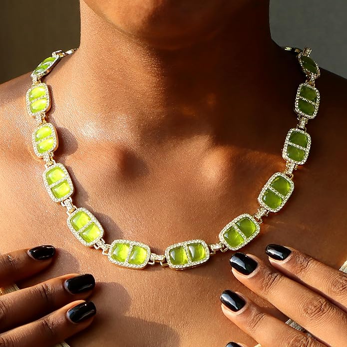 Chunky Necklace for Women 12 Colors Diamond Stone Gold Statement Necklace for Women Full Trendy Blue Birthstone Choker Necklace for Women Square Design Necklace Jewelry