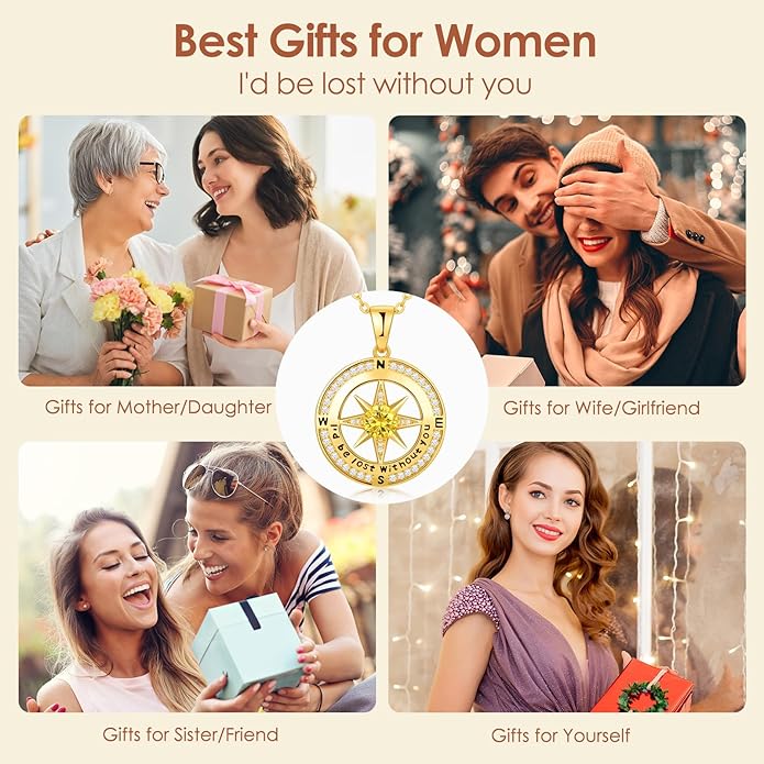 Zifeel Compass Necklace Gifts for Women wife - S925 Sterling Silver Birthstone Necklaces for Women - Anniversary Birthday Gifts for Her Wife Girlfriend - Valentines Mom Mothers Day Christmas Gifts Jewelry for Women