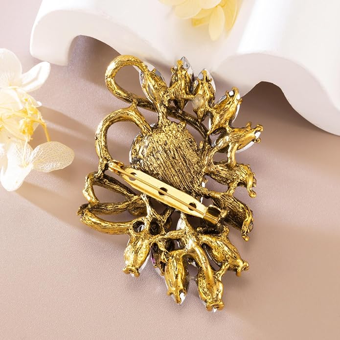 SELOVO Leaf Rhinestone Statement Brooch Pin Dress Jewelry Accessory