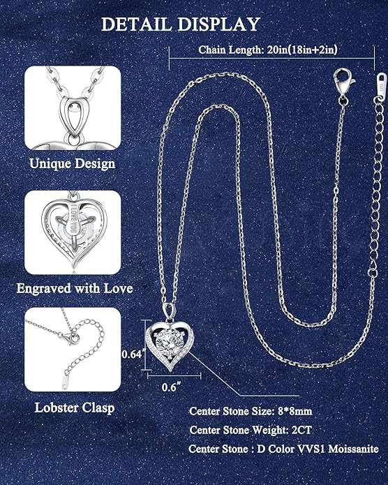 Moissanite Heart Necklace for Women,1-2 Carat Moissanite Pendant Necklace Engraved with 'I LOVE YOU,Birthday Gifts for Women,Mom, Girlfriend, Jewelry Gifts for Christmas Valentine's Day