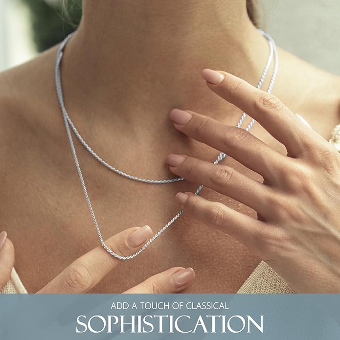 KISPER Solid 925 Sterling Diamond Cut 1.6mm Rope Chain Necklace for Women - Italian Made Durable Hypoallergenic Jewelry 16 18 20 22 24 30 Inch