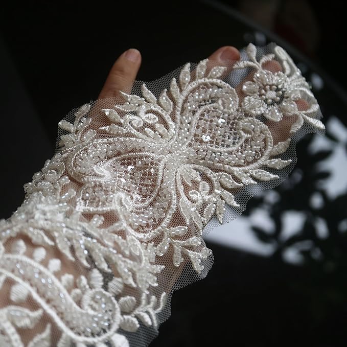 G-RUI 20.9inch*1yards Ivory White Luxury Beaded Embroidery Flower lace Appliques for Wedding Dresses Rhinestone Applique Patches Embroidery lace parches ropa