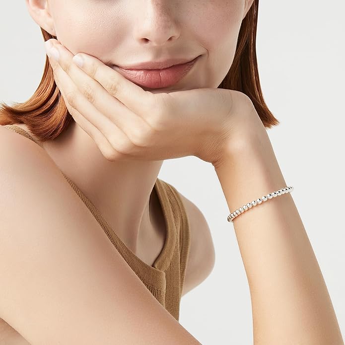 Miabella 925 Sterling Silver Italian Handmade 4mm Bead Ball Strand Chain Bracelet for Women, Made in Italy