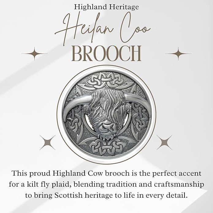 Highland Cow Kilt Brooch with Celtic Knot - Traditional Scottish Helian Coo Plaid Brooches for Men – Handcrafted Tartan Sash Pin, Luxurious Accessory for Women’s Dress