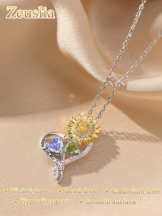 Zeuslia Double Birthstone Necklace Gifts for Wife - 925 Sterling Silver Sunflower/Rose/Crown Cross/Compass/Heart Pendant I Love You Necklace, Anniversary Birthday Gifts for Wife Girlfriend Mom Her