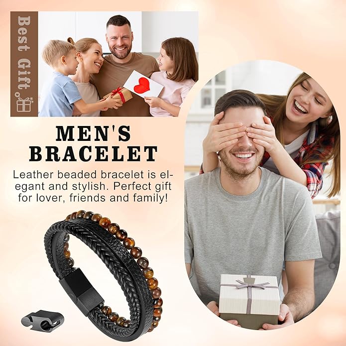 Gifts for Men - Layered Leather Beads Bracelet, Tiger Eye Lava Rock Stone Braided Leather Bracelets for Men Adjustable Magnetic Clasp Birthday Gifts