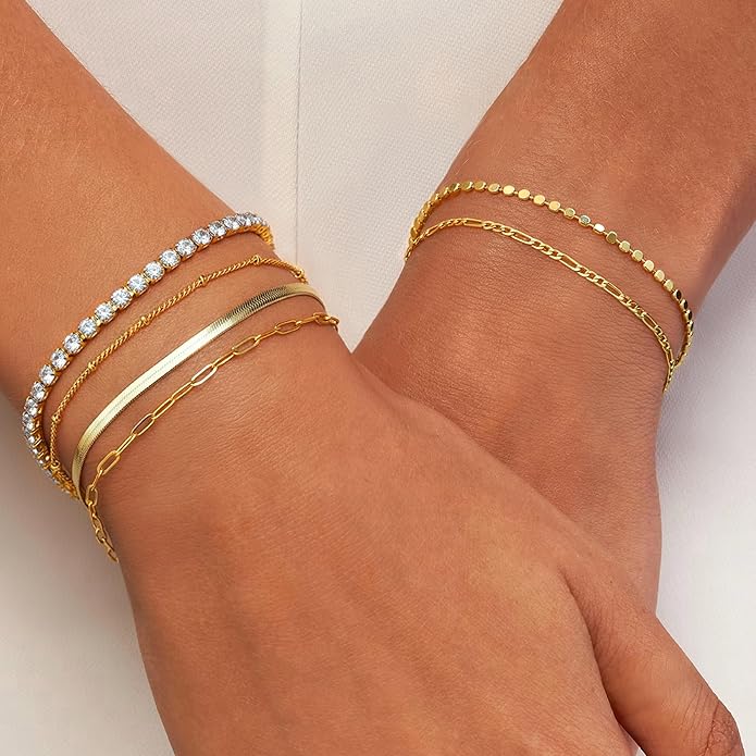 Krfy 5/6Pcs Gold Plated Bracelets for Women Trendy, S925 Plated Silver Bracelet Stack, Non Tarnish Waterproof Bracelets for Women, Paperclip Herringbone Figaro Cuban Twist Chains, Size 6.5''+2''