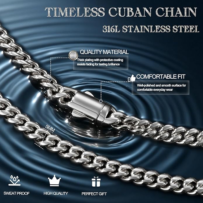 MUSECLOUD Gold Cuban Link Chain for Men Mens Stainless Steel Miami Curb Chains Necklace 5/8mm Thick Real Gold/Silver/Black Plated Diamond Cut Non-Tarnish Jewelry Trendy Christmas Gifts 18-26 Inch