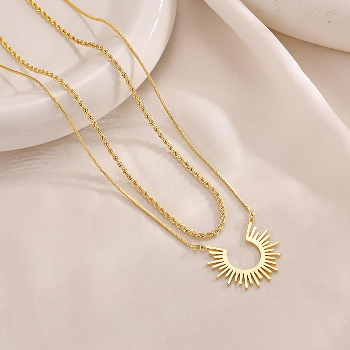 CHESKY Layered Necklaces for Women Trendy, Dainty 14k Gold Plated Pendant Necklace Layering Necklace for Women Non Tarnish Hypoallergenic Sun Gold Necklace Stack Gold Jewelry for Women Gifts