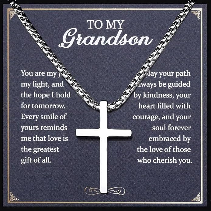 TEN MIRO Silver/Black Cross Necklace for Men Boy Stainless Steel Cross Pendant Necklace for Men Christian Religious Jewelry with Box & Card Birthday Anniversary Christmas Father's Day Gifts for Him
