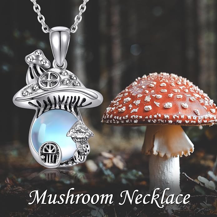 YAFEINI Mushroom Necklace Moonstone/Moss Agate/Malachite/Labradorite/Turquoise/Amber/Larimar/Black Onyx/Lapis Lazuli/Peridot/Opal Sterling Silver Mushroom Pendant Mother's Day Jewelry for Women Mom