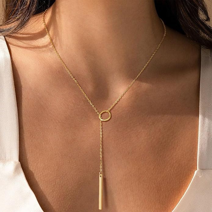 Lariat Necklace for Women, Dainty 14K Gold/Silver Plated Long Necklaces for Women Trendy Simple Layered Y-Shaped Drop Pendant Necklace Adjustable Gold Jewelry Gifts For Her Christmas Stocking Stuffer
