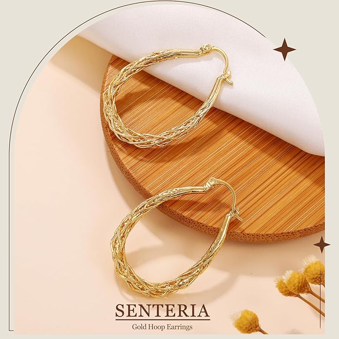 Senteria Sterling Silver Hoop Earrings - Medium, Lightweight, Thick Twist Oval Hoops