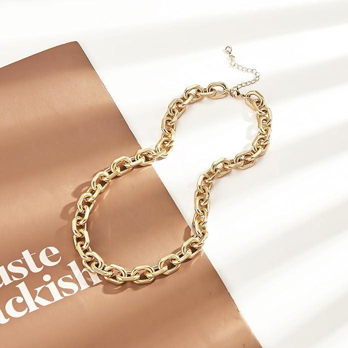 Moodear Layered Necklace for Women Trendy Chunky 14K Gold Plated/Sliver Plated Chain Necklace Cuban Link Paperclip Chain Toggle Clasp Necklace Fashion Jewelry