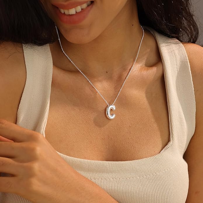 Initial Necklaces for Women, 14k Gold Plated Bubble Letter Necklace Chunky Gold Necklace Dainty Charm Initial Necklaces for Women Trendy Custom Preppy Stocking Stuff Necklace Christmas Gifts