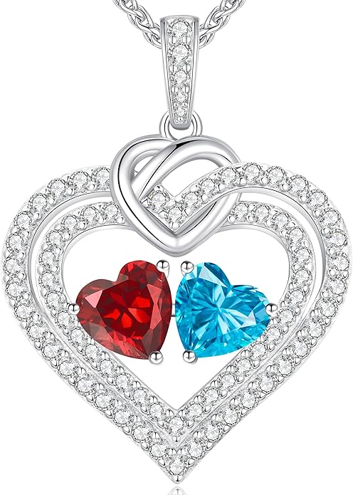 LOUISA SECRET Sparkling Double Heart Birthstone Necklaces for Women, 925 Sterling Silver Fine Jewelry, Pendant Heart Necklaces Birthday Anniversary Christmas Gift for Women Wife Mom Girlfriend Lady
