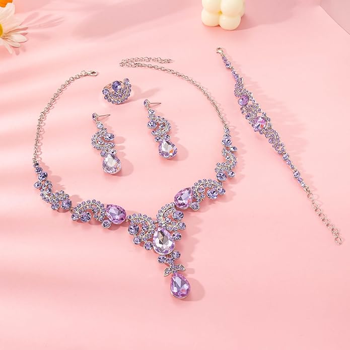 Paxuan Crystal Bridal Wedding Jewelry Sets for Women Rhinestone Teardrop Crystal Statement Choker Necklace Drop Earrings Link Bracelets Rings Teardrop Jewelry Set for Brides Bridesmaids