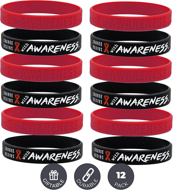 Inkstone (12-pack) Red Awareness Ribbon Silicone Wristbands - Wholesale Pack of 1 Dozen Support Bracelets for Unisex Adults…