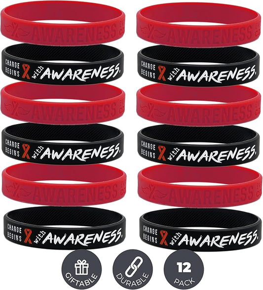 Inkstone (12-pack) Red Awareness Ribbon Silicone Wristbands - Wholesale Pack of 1 Dozen Support Bracelets for Unisex Adults…