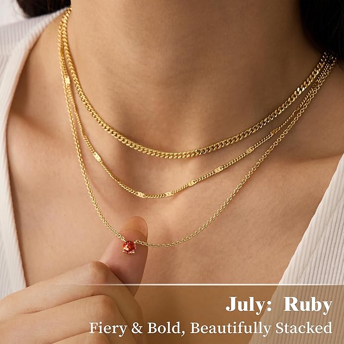 WomenGifts Layered Gold Necklaces for Women, 14K Gold Sterling Silver Plated Dainty Pendant Necklace Set with Cubic Zirconia Circle, Chunky Stackable Cuban Chain Choker, Trendy Personalized Birthstone Jewelry Gift Non Tarnish
