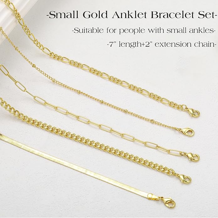 iF YOU Gold Ankle Bracelets for Women, 14k Gold Plated Waterproof Cuban Link Chain Anklets Set, Layered Anklet Bracelets for Women Beach Gift Adjustable Size 5pc