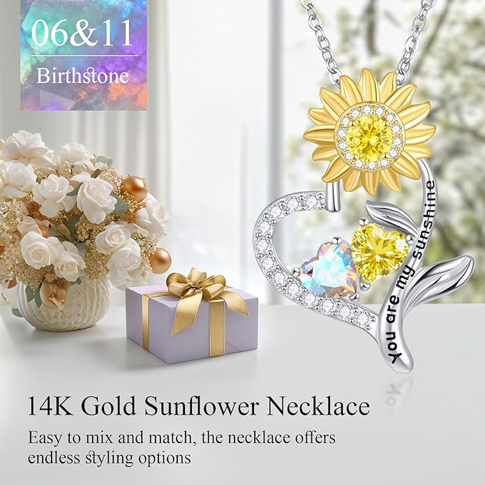 PERJI Valentine's Day Gifts for Women - 925 Sterling Silver Double Birthstone Sunflower Necklace, Anniversary Birthday Jewelry You are My Sunshine Gifts for Wife Couple Girlfriend 18"+2" Non Tarnish