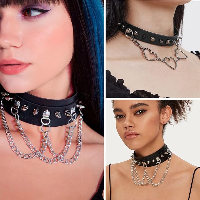HAIAISO 6-9pcs Leather Punk Goth Choker Necklace with Love Heart Spikes, Adjustable Pu Collar for Women