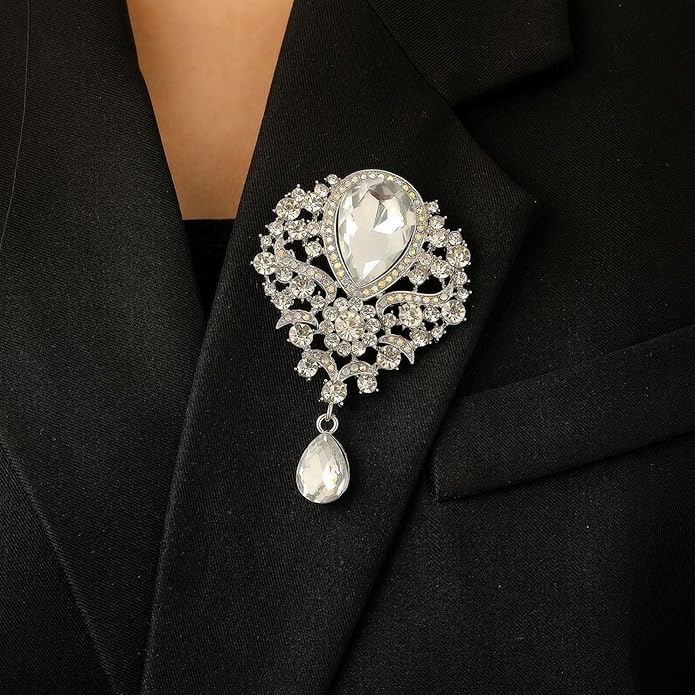 WCRAZYE Rhinestone Bridal Brooch for Women Delicate Sparkly Crystal Bouquet Flower Teardrop Brooch Pin Elegant Large Gorgeous Bouquet Brooch Pin Clothing Hat Bag Accessories Christmas Wedding Bridal Birthday Jewelry