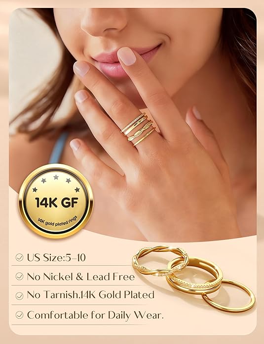 Florideco 14K Gold Plated Stackable Rings for Women Non Tarnish Dainty Cubic Zirconia Ring Set Minimalist Wedding Bands Ring Stack Statement Engagement Promise Thumb Rings Size 5-10