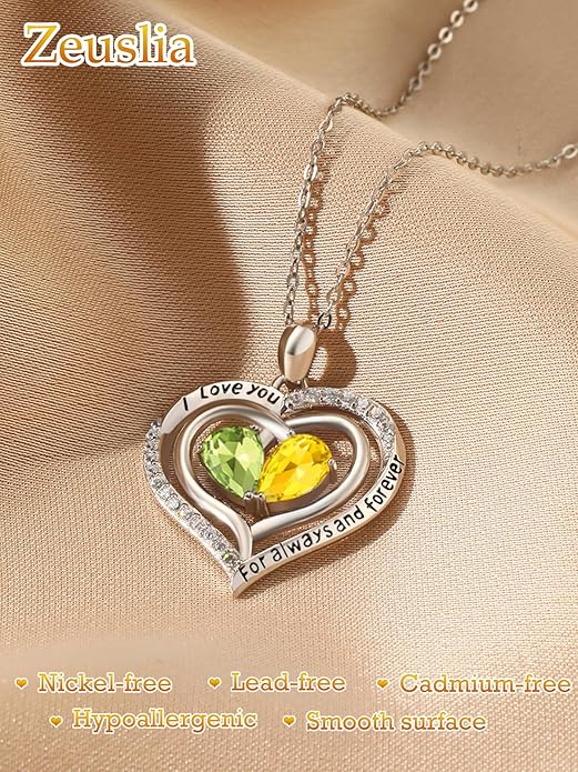 Zeuslia Double Birthstone Necklace Gifts for Wife - 925 Sterling Silver Sunflower/Rose/Crown Cross/Compass/Heart Pendant I Love You Necklace, Anniversary Birthday Gifts for Wife Girlfriend Mom Her