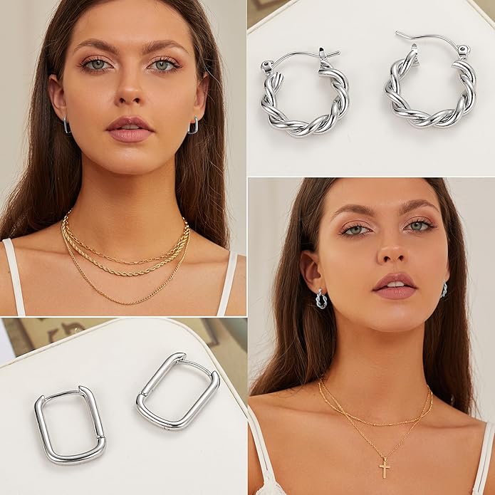 Hoop Earrings Set for Women, 6 Pairs 14K Gold Plated Lightweight Hypoallergenic Chunky Open Twisted Hoops Earrings Pack Jewelry