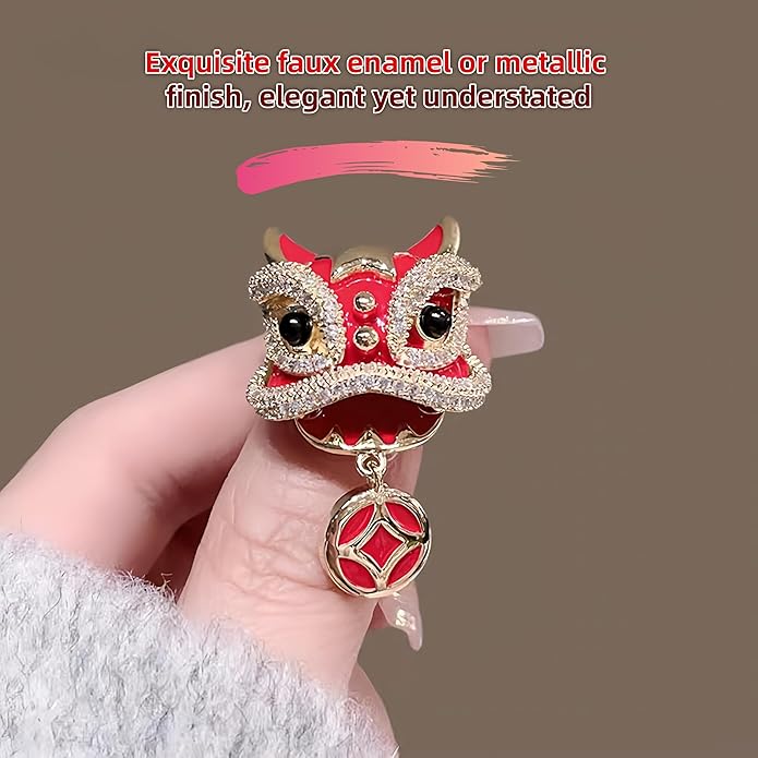 Chinese Lion Dance Brooch, Vintage Enamel Floral & Cat Eye Pearl Adjustable Lapel Pin for Women & Men – Traditional Asian Style Awakening Lion Brooch for Jacket, Blazer, Scarf, Qipao, Wedding, Festival Gift (Gold/Red/Blue)
