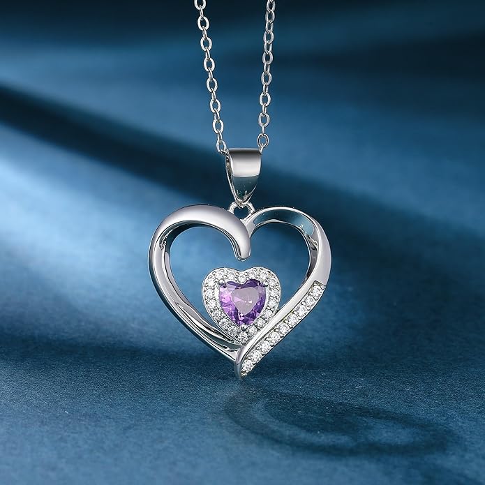 GLIVEOR Heart Birthstone Necklace for Women,S925 Sterling Silver Necklace Birthstone Necklace Heart Necklace for Women Birthday Jewelry Gifts for Women