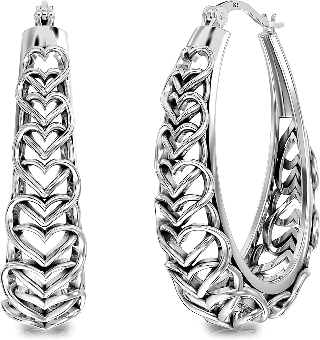 LeCalla 925 Sterling Silver Hoop Earrings for Women | Women's Filigree Hoop Earrings | Antique Oxidized Openwork Mesh Filigree Cut Earring Chunky Hoops | Hypoallergenic Vintage Filigree Oval Hoop Earrings for Women