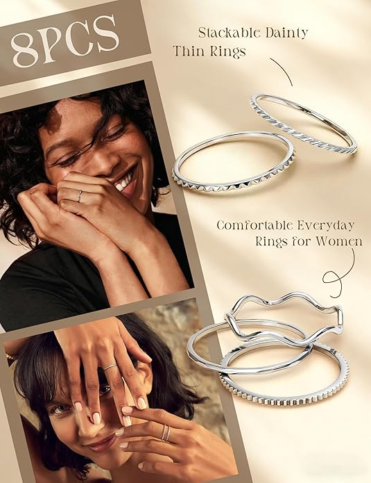 THUNARAZ 8Pcs 1mm Stainless Steel Rings for Women Men Fashion Plain Band Knuckle Stacking Midi Thumb Dainty Thin Rings Set Size 5-10 Silver Gold Tone