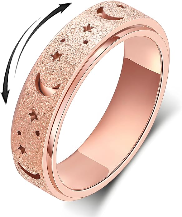 AmorArtSky Anxiety Ring for Women Men, Titanium Stainless Steel Spinner Ring, 5 Colors, 6MM, Size 6-10, 3 Styles Anxiety Ring-Moon Star, Sandblasted Finished, Hollow Outer