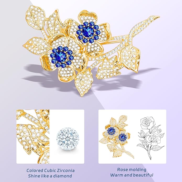 KZQtriid Brooches For Women,14k Gold Plated Copper,Cubic Zirconia Roseate Love Brooch Pins For Women ，Cubic Zirconia Broach，Flower Broach