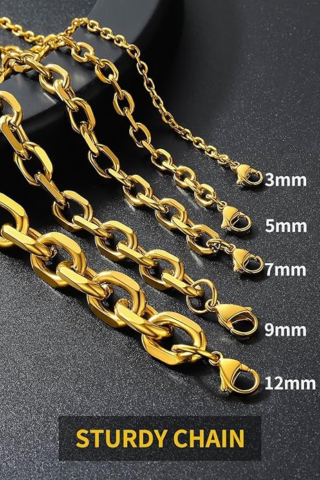 ChainsHouse Stainless Steel Cable Chain Necklaces for Men Women, 3mm/5mm/7mm/9mm/12mm 18K Gold/Black Plated Mens Cable Link Chains, 18"-30" Length - Send Gift Box