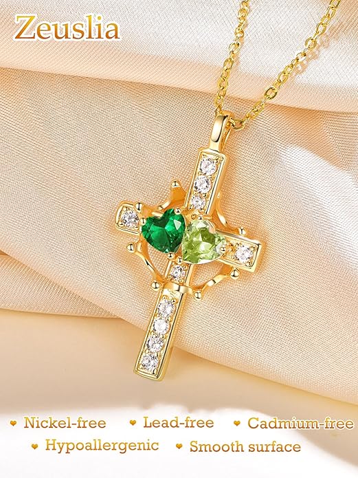 Zeuslia Double Birthstone Necklace Gifts for Wife - 925 Sterling Silver Sunflower/Rose/Crown Cross/Compass/Heart Pendant I Love You Necklace, Anniversary Birthday Gifts for Wife Girlfriend Mom Her