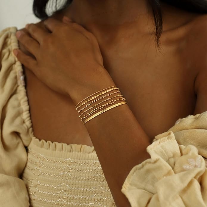 DEARMAY Waterproof Gold Plated Bracelets Set for Women Trendy, Dainty 14K Gold Jewelry Fashion Stackable Tennis Beaded Figaro Herringbone Paperclip Link Bracelet Pack Stack Gifts for Women