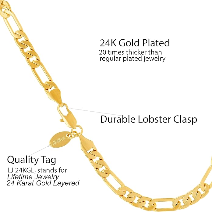 LIFETIME JEWELRY Womens Gold Anklet 5mm Figaro Chain Ankle Bracelet 24k Real Gold Plated