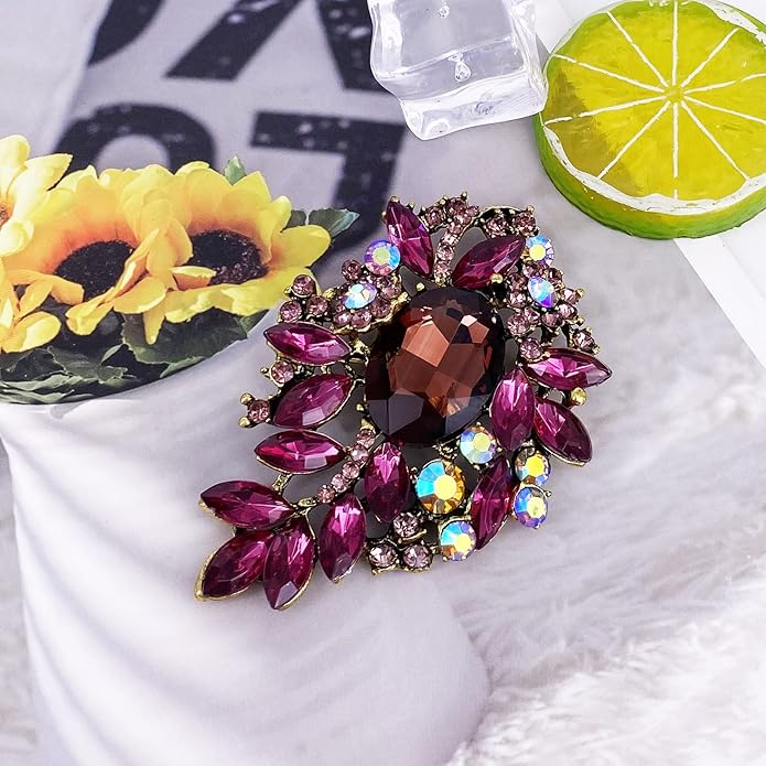 LAXPICOL Vintage Sparkly Austrian Crystal Flower Leaf Bouquet Clusters Big Large Brooch Pin for Women Gold Tone