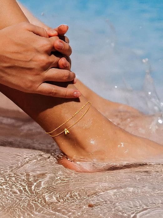 FaithHeart Initial Ankle Bracelets for Women, Waterproof 14k Gold Plated Initial Anklets Non Tarnish Stainless Steel Layered Anklet Summer Beach Foot Jewelry