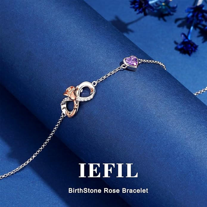 Iefil Infinite Rose Birthstone Bracelet for Women, 925 Sterling Silver Charm Link Birthstone Bracelet, Anniversary Birthday Gifts for Women, Mothers Day Valentines Christmas Gifts for Wife Girlfriend