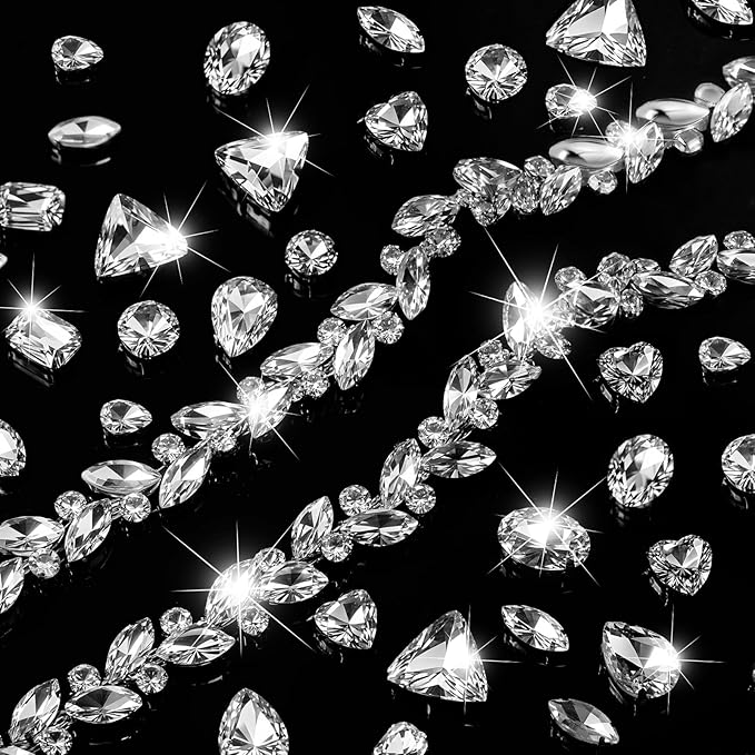 Suncalla 101 Pcs Sew on Crystal Rhinestone with Chain Trim Brooch Pin Mixed Shapes Set for Jewelry Clothe DIY Crafts Tabletop Scattered Crystals Vase Fillers Wedding Decor (Glass Rhinestone)