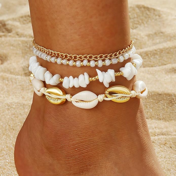 Shell Ankle Bracelet Set for Women, Gold Plated Boho Bead Adjustable Anklet, Hawaiian Beach Seashell Pearl Heart Starfish Conch Foot Jewelry Gifts