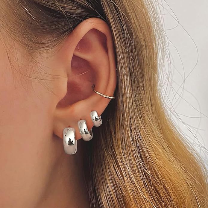 Small Chunky 14K Gold Plated Hoop Earrings for Women - Hypoallergenic Earrings for Sensitive Ears Earrings Set Thick Huggie Hoops Earring Stacks Silver Plated Jewelry