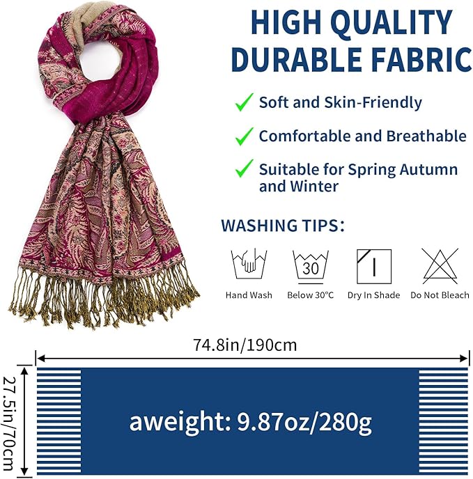 QIUTIMIY Paisley Pashmina Shawl Wrap Women Reversible Vintage Jacquard Pashmina Rave Scarf with Fringe for Evening, Wedding