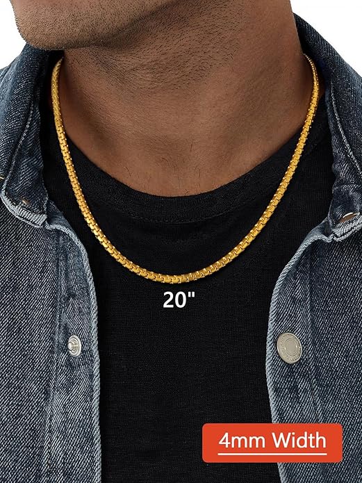 FaithHeart Mens Black/Silver/Gold Stainless Steel Flat Box Link Chain Necklace, Stylish 2/4/6/8mm Width Box Chains Necklaces for Men Non Tarnish Hip Hop Chain Jewelry Gifts,14"-30" Length