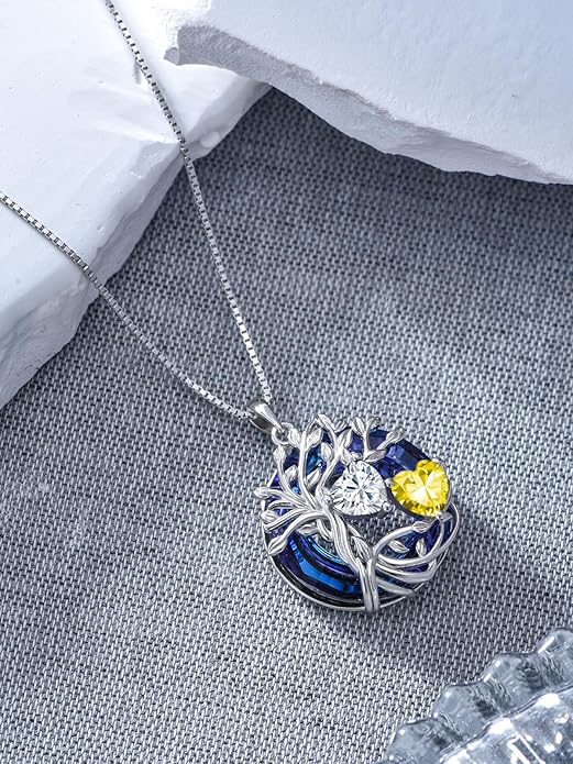 TOUPOP s925 Sterling Silver Family Celtic Tree of Life Pendant Necklaces with 2 Heart Birthstone with Blue Austrian Crystal Jewelry Birthday Anniversary Christmas Gifts for Her Wife Girlfriend Mom (18K Real White Gold Filled)